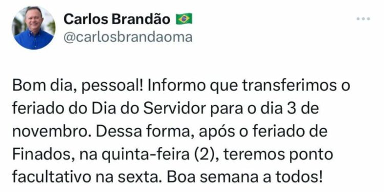 Brandão transfere feriado do dia do servidor e anuncia ponto facultativo