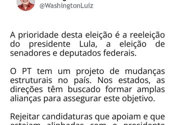 Washington Luiz também critica decisão do presidente nacional do PT