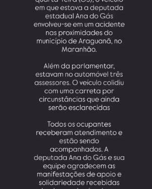 Veículo em que estava deputada Ana do Gás sofre acidente