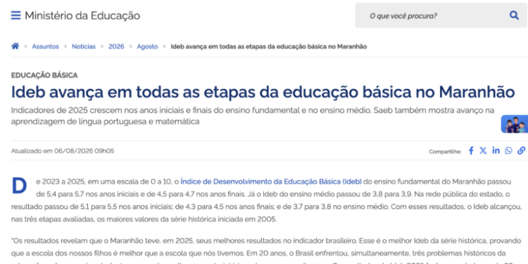 MEC destaca positivamente o IDEB do Maranhão