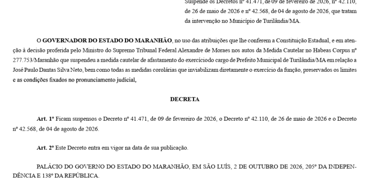 Brandão suspende intervenção em Turilândia após decisão que determina retorno de Paulo Curió
