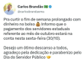 Brandão anuncia pagamento dos servidores estaduais para sexta-feira (30)