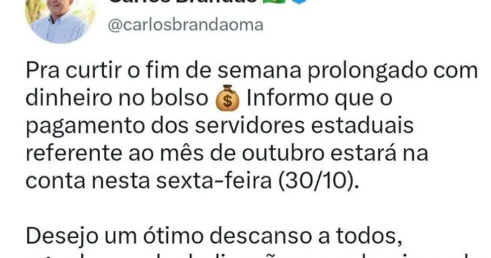 Brandão anuncia pagamento dos servidores estaduais para sexta-feira (30)